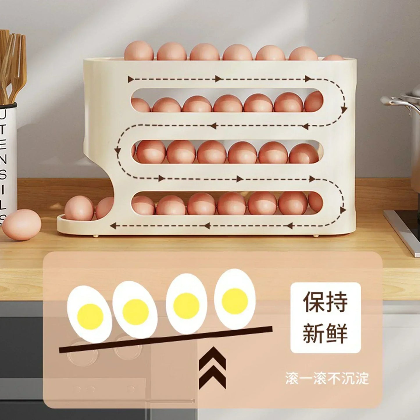 Sliding Egg Holder for Fridge – 4-Tier Auto-Rolling Storage  Rack, Holds 30 Eggs, Space-Saving Organizer | CasaFlow