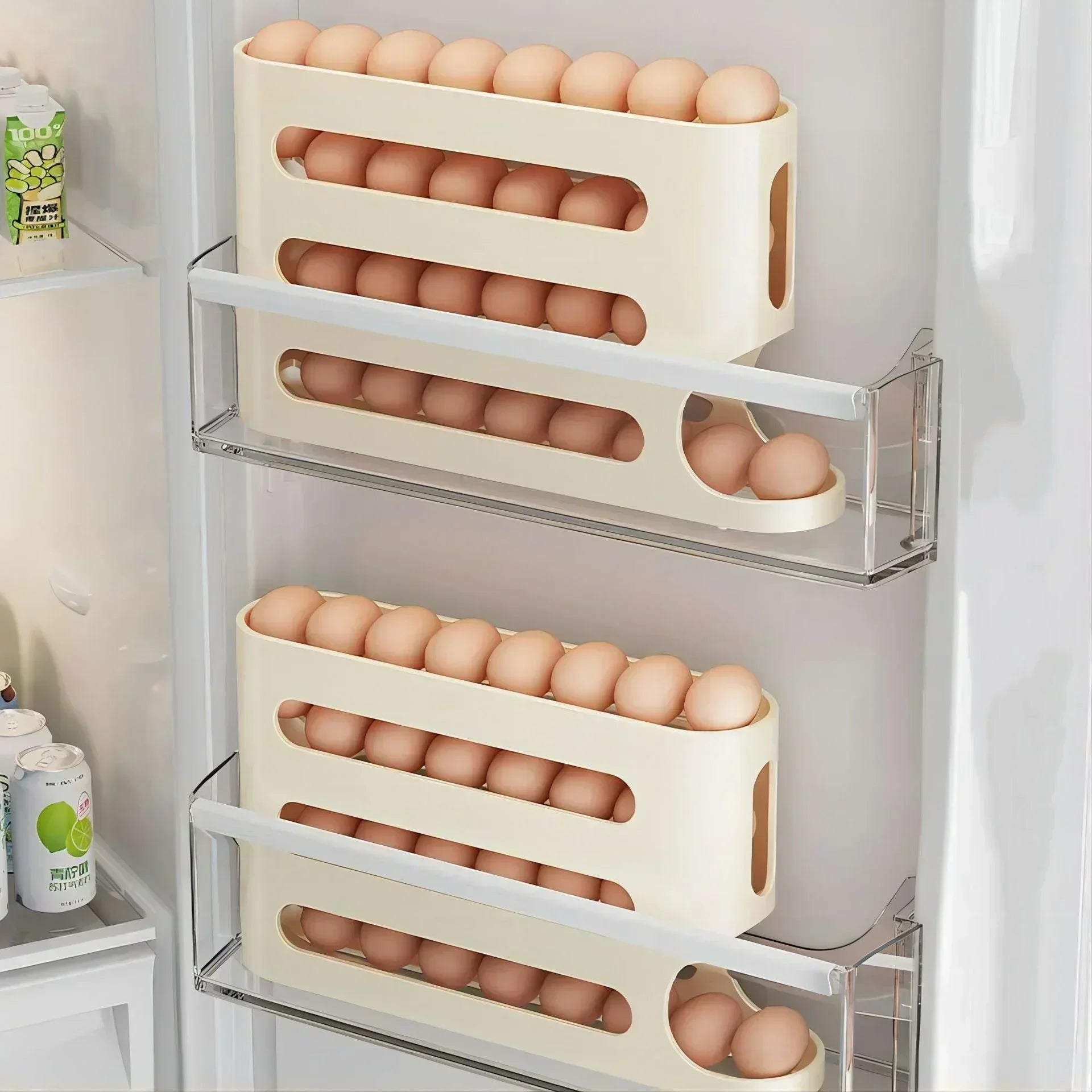 Sliding Egg Holder for Fridge – 4-Tier Auto-Rolling Storage  Rack, Holds 30 Eggs, Space-Saving Organizer | CasaFlow
